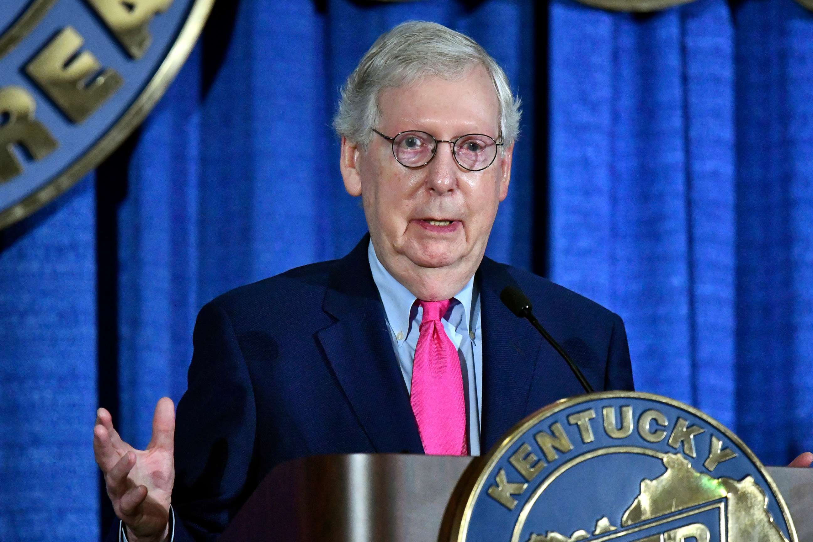 PHOTO: Senate Minority Leader Mitch McConnell addresses the audience at the Kentucky Farm Bureau Ham Breakfast at the Kentucky State Fair in Louisville, Ky., Aug. 25, 2022.