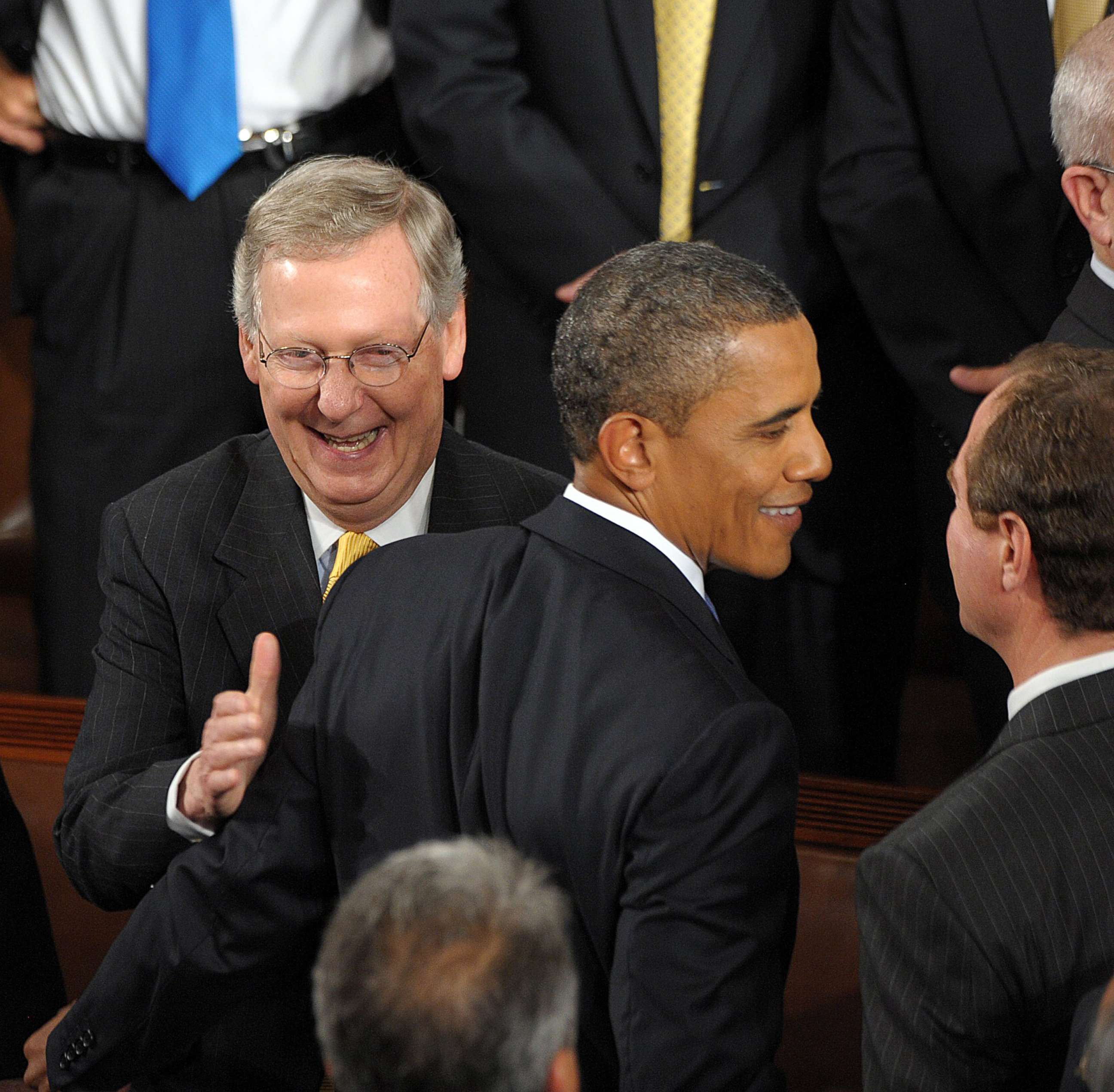PHOTO: President Barack Obama is greeted by Senate Minority Leader Senator Mitch McConnell after Obama addressed a Joint Session of Congress on Sept. 8, 2011, on Capitol Hill in Washington.