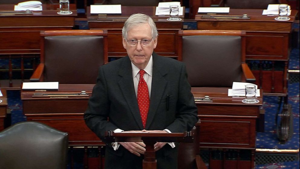 PHOTO: Senate Majority Leader Mitch McConnell speaks on the floor of the Senate, at the opening of the first day of arguments in the impeachment trial of President Donald Trump on Capitol Hill in Washington, D.C., Jan.21, 2020.
