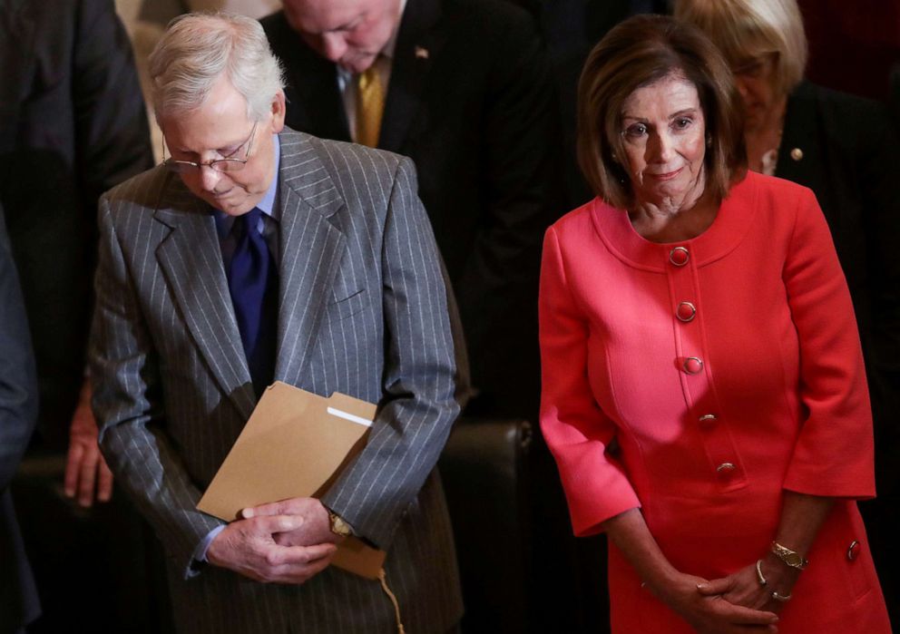 PHOTO: Senate Majority Leader Mitch McConnell and House Speaker Nancy Pelosi attend a Gold Medal ceremony in honor of ALS advocate and former New Orleans Saints football player Steve Gleason at the Capitol in Washington, Jan. 15, 2020.
