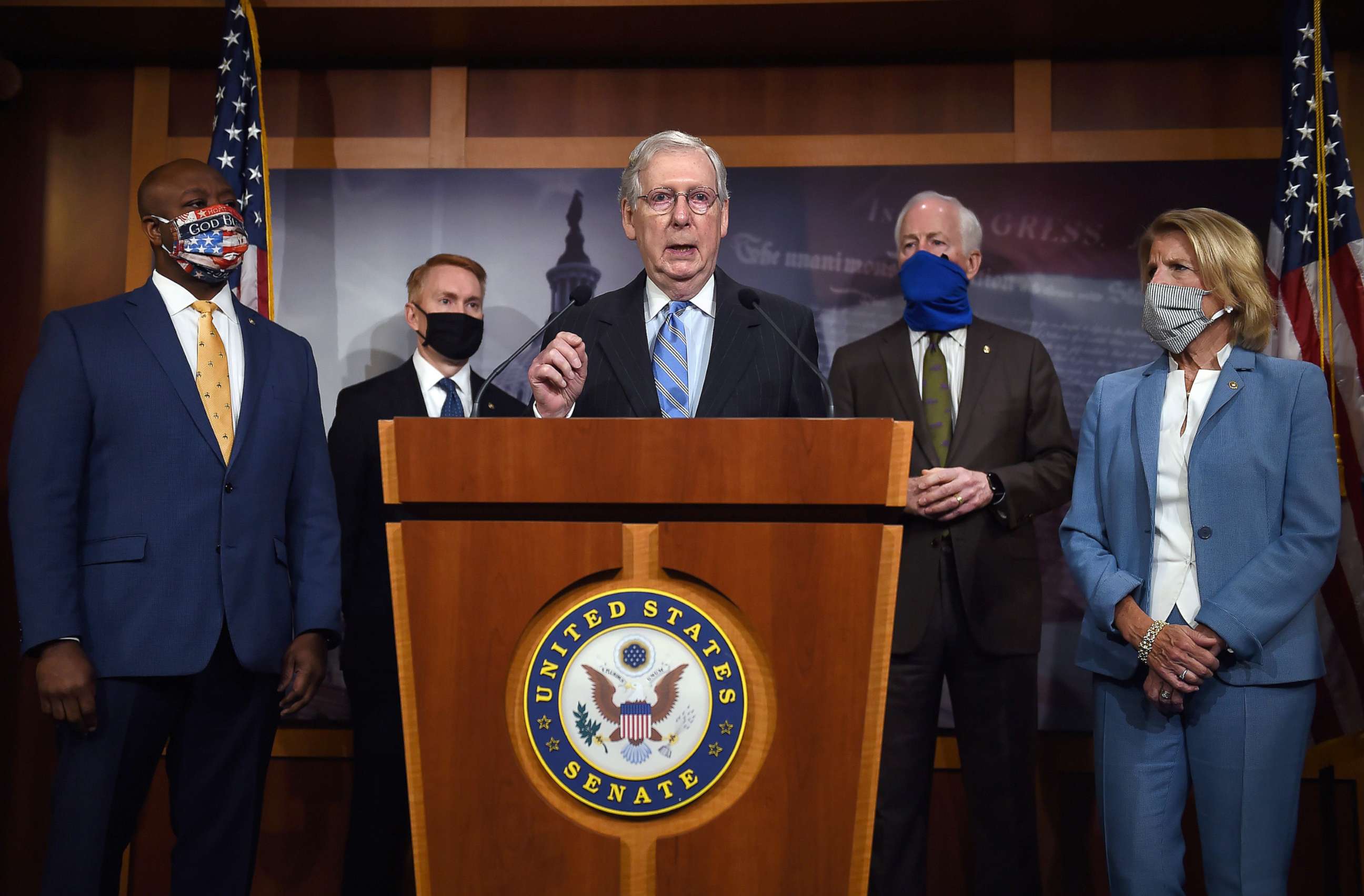 PHOTO: Republican Senate Majority Leader Mitch McConnell speaks during a news conference to announce that the Senate is considering police reform legislation, at the U.S. Capitol, June 17, 2020 in Washington, D.C.