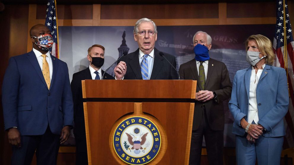 PHOTO: Republican Senate Majority Leader Mitch McConnell speaks during a news conference to announce that the Senate is considering police reform legislation, at the U.S. Capitol, June 17, 2020 in Washington, D.C.