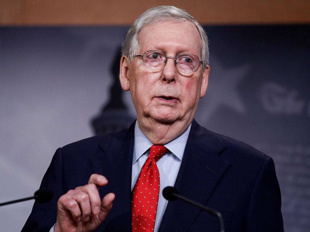 PHOTO: Senate Majority Leader Mitch McConnell speaks to reporters on Capitol Hill in Washington, April 21, 2020.