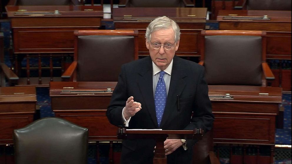 PHOTO: Senate Majority Leader Mitch McConnell speaks on the Senate floor, Dec. 19, 2019, the day after the House vote to impeach President Donald Trump.