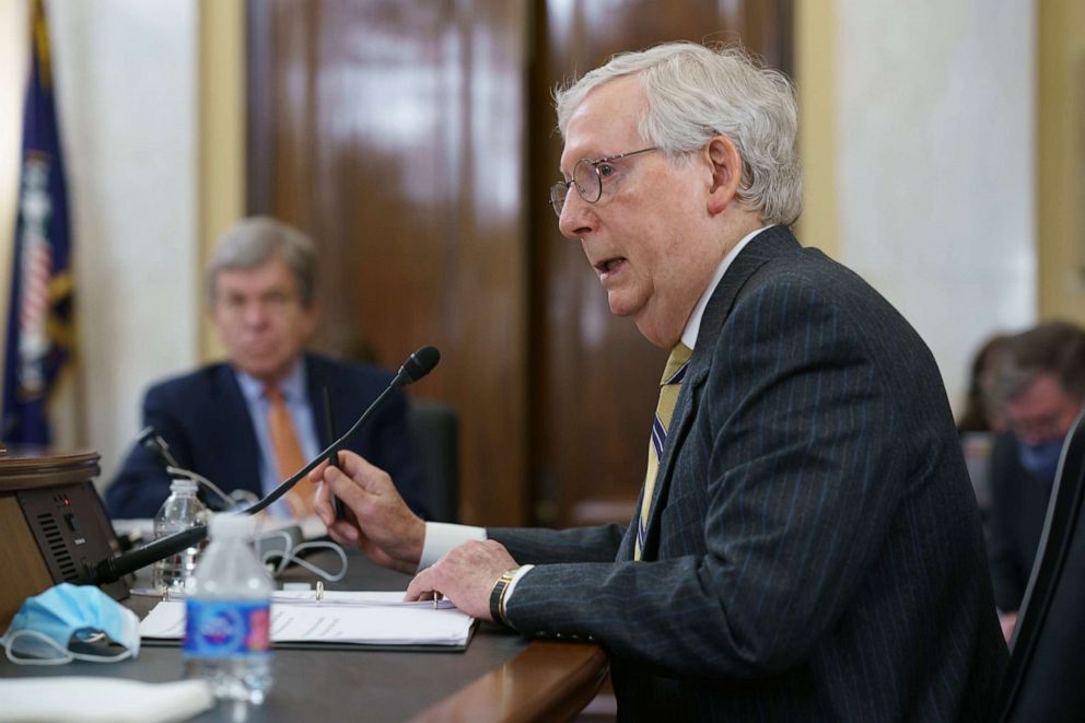 PHOTO: Senate Minority Leader Mitch McConnell speaks on the "For the People Act," which would expand access to voting and other voting reforms, at the Capitol in Washington, March 24, 2021.