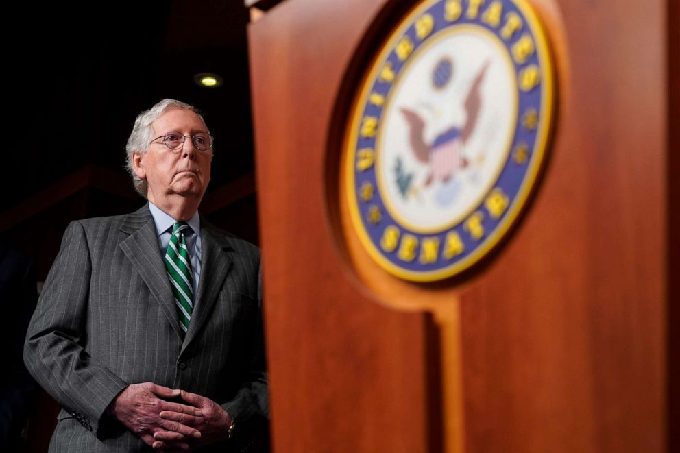 Senate Minority Leader Mitch McConnell, R-Ky., listens to Republican senators speak about their opposition to the "For The People Act" on June 17, 2021 in Washington, D.C. 
