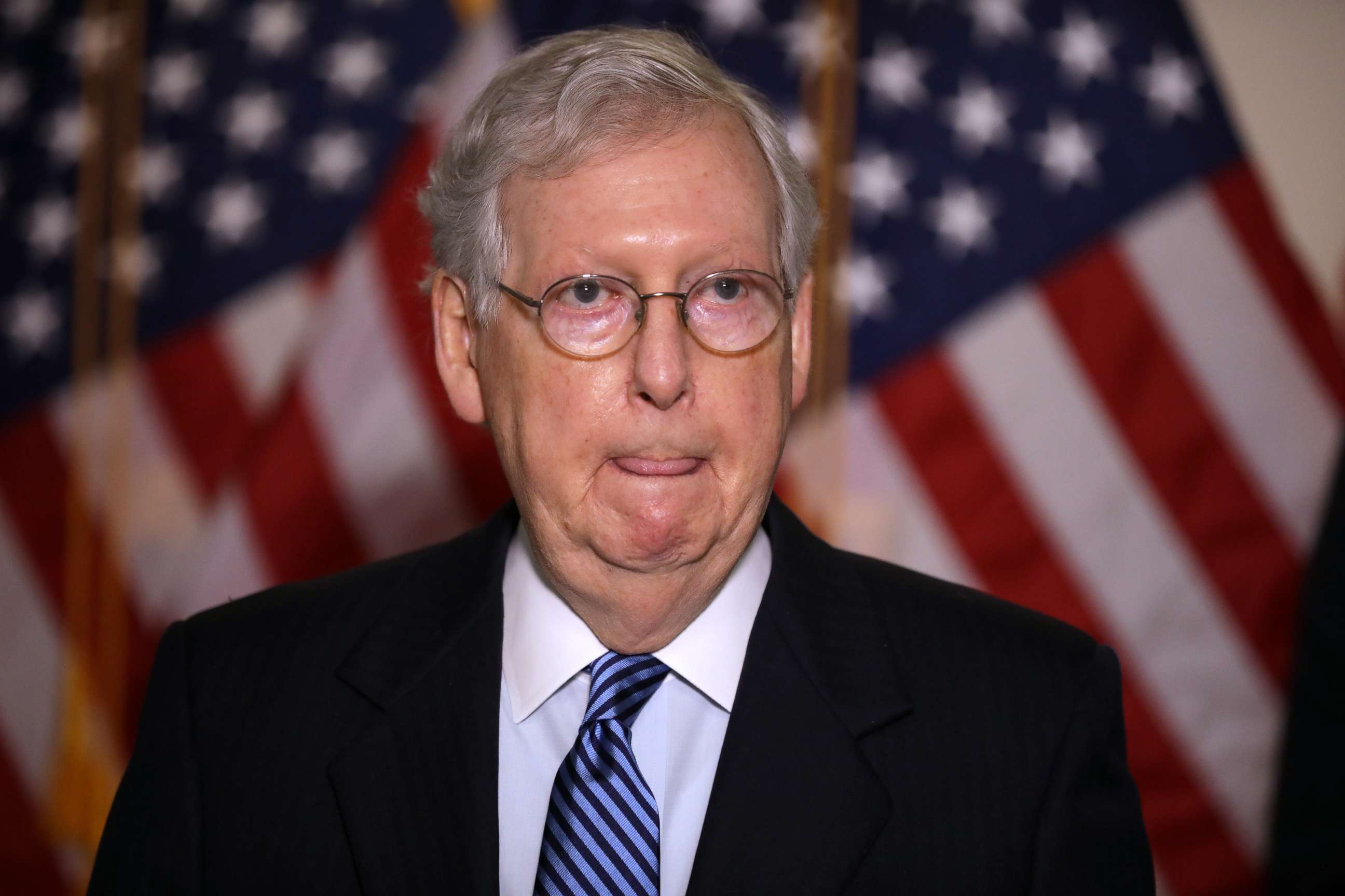 PHOTO: Senate Majority Leader Mitch McConnell, R-Ky., talks to reporters following the weekly Republican policy luncheon in the Hart Senate Office Building on Capitol Hill, Sept. 15, 2020 in Washington, D.C. 