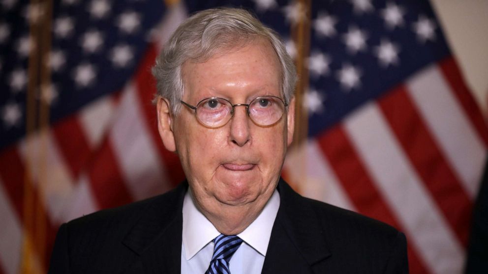 PHOTO: Senate Majority Leader Mitch McConnell, R-Ky., talks to reporters following the weekly Republican policy luncheon in the Hart Senate Office Building on Capitol Hill, Sept. 15, 2020 in Washington, D.C. 