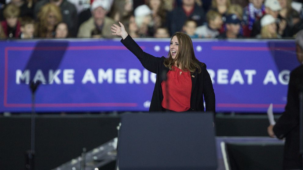 PHOTO: RNC chair Ronna Romney McDaniel waves to the crowd during a Make America Great Again rally at Total Sports Park in Washington Township, Mich., on April 28, 2018.