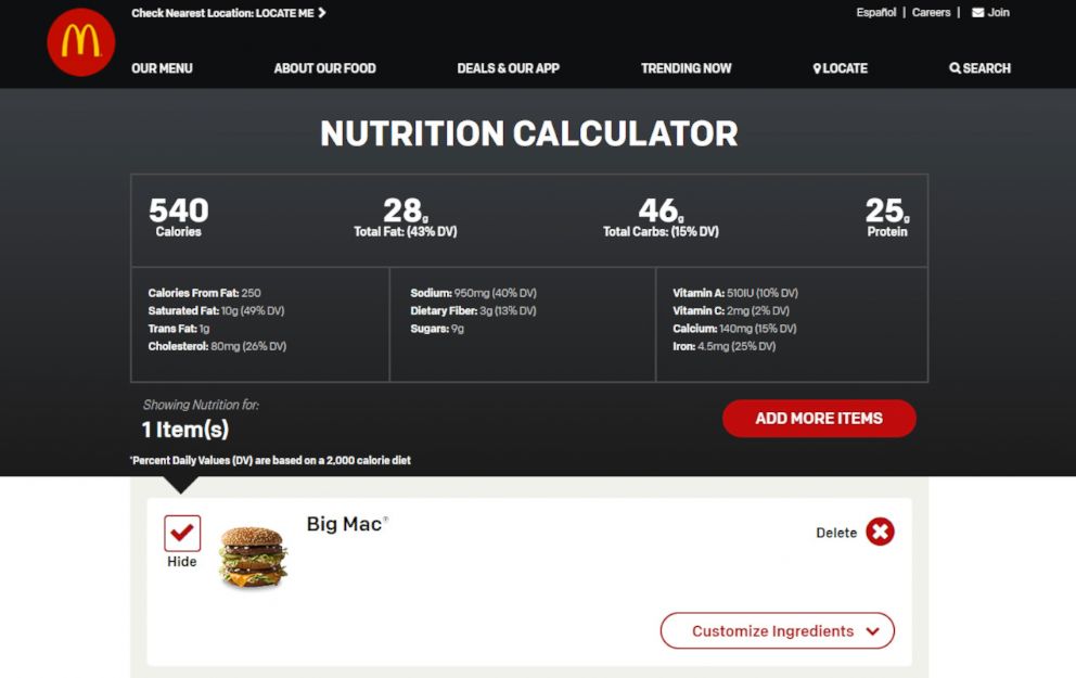 PHOTO: Nutritional information for a Big Mac sandwich is displayed on the McDonald's restaurant website nutrition calculator.