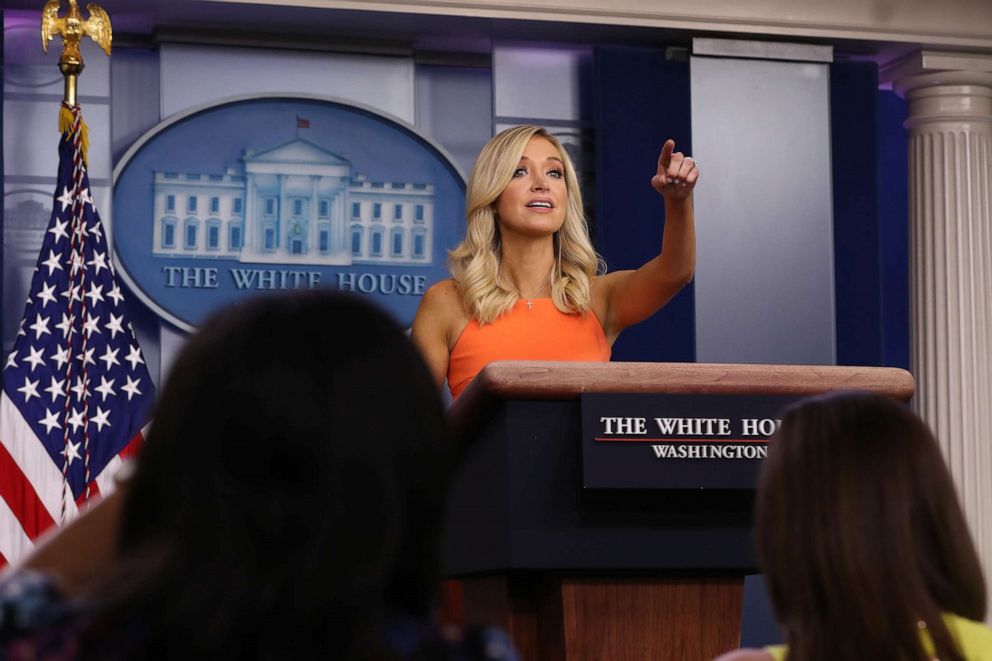 PHOTO: White House Press Secretary Kayleigh McEnany calls on reporters during a news conference in the Brady Press Briefing room at the White House June 29, 2020 in Washington, DC.