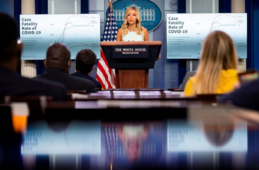PHOTO: White House Press Secretary Kayleigh McEnany speaks during the press briefing at the White House in Washington, on July 6, 2020.