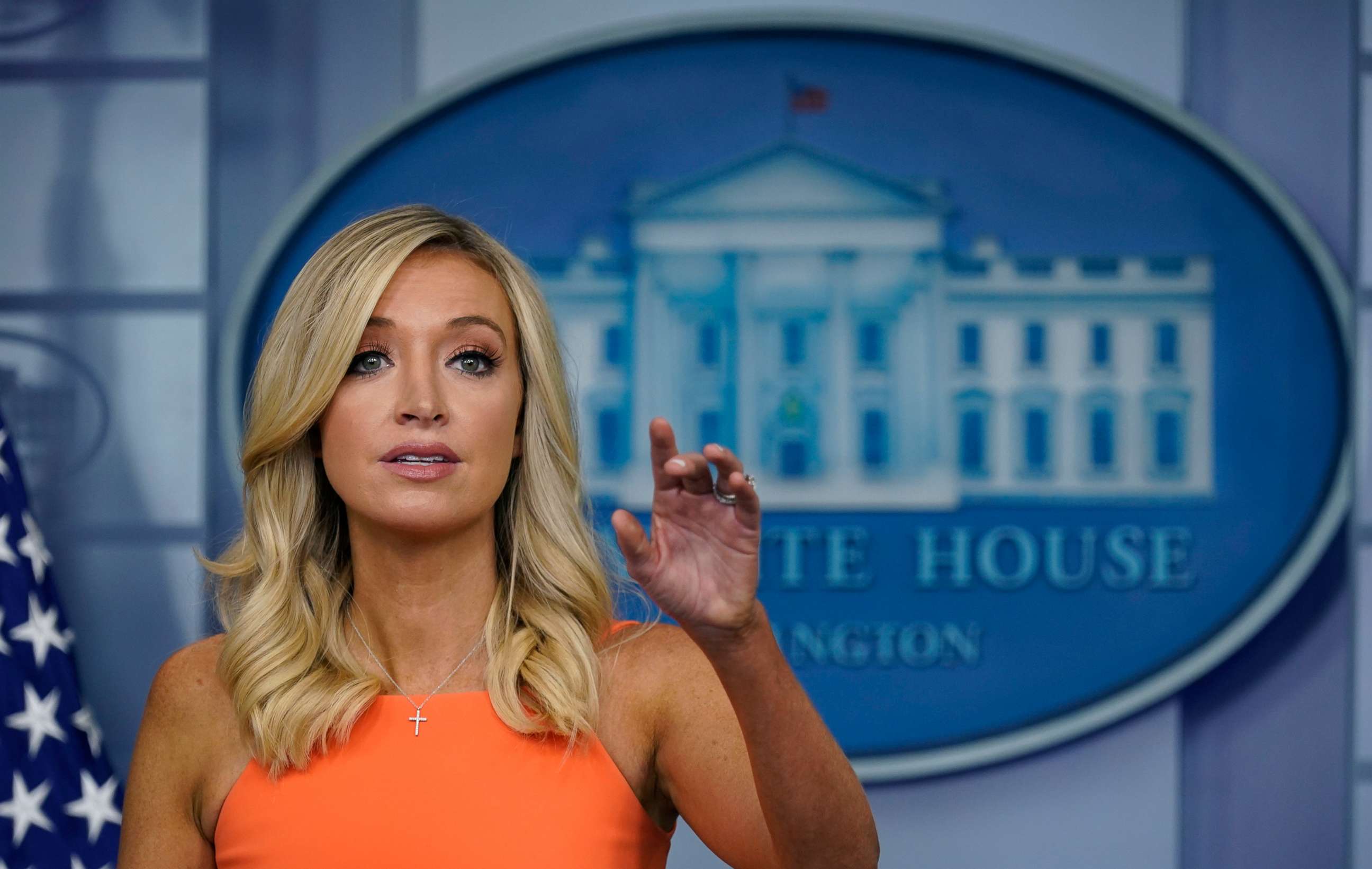 PHOTO: White House press secretary Kayleigh McEnany speaks during a press briefing at the White House, June 29, 2020, in Washington.