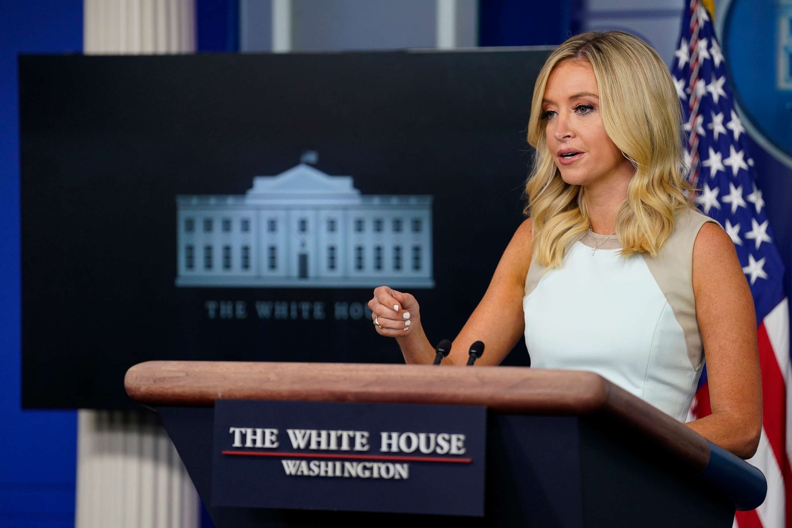 PHOTO: White House press secretary Kayleigh McEnany speaks during a press briefing at the White House, July 6, 2020, in Washington, D.C.