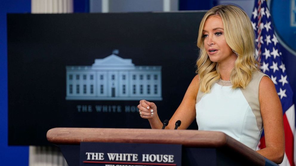 PHOTO: White House press secretary Kayleigh McEnany speaks during a press briefing at the White House, July 6, 2020, in Washington, D.C.