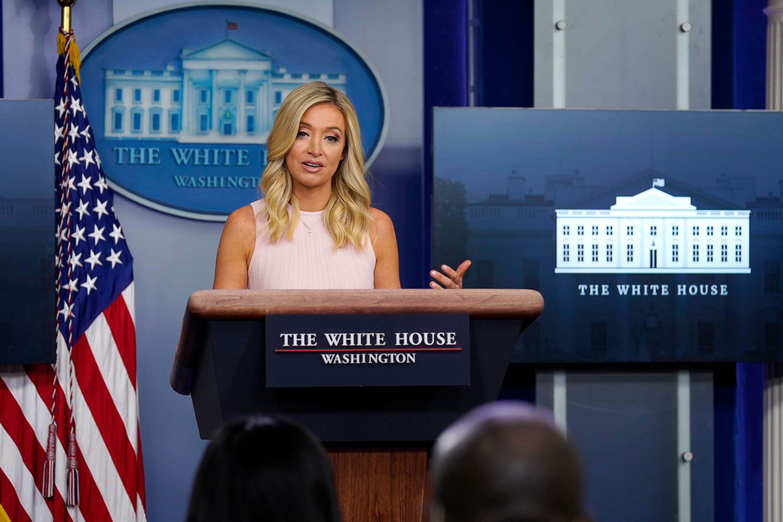 PHOTO: White House press secretary Kayleigh McEnany speaks during a press briefing at the White House, July 13, 2020, in Washington.