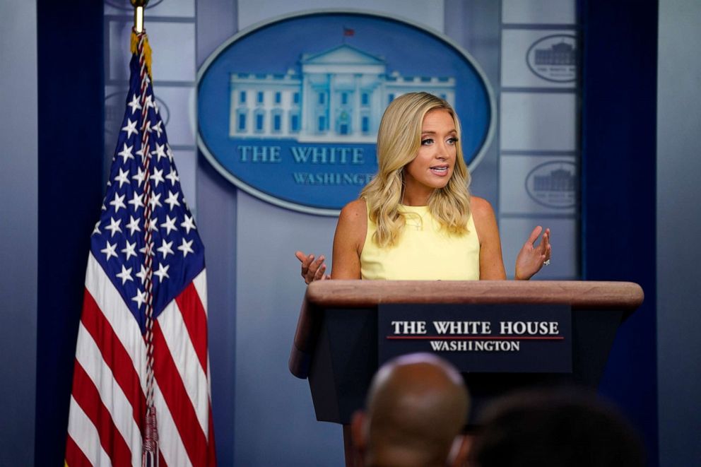 PHOTO: White House press secretary Kayleigh McEnany speaks during a press briefing at the White House, July 16, 2020, in Washington.