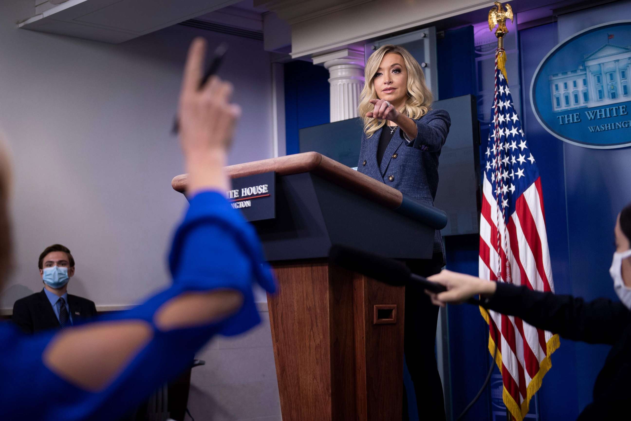 PHOTO: White House Press Secretary Kayleigh McEnany take questions during a briefing at the White House on May 12, 2020, in Washington.