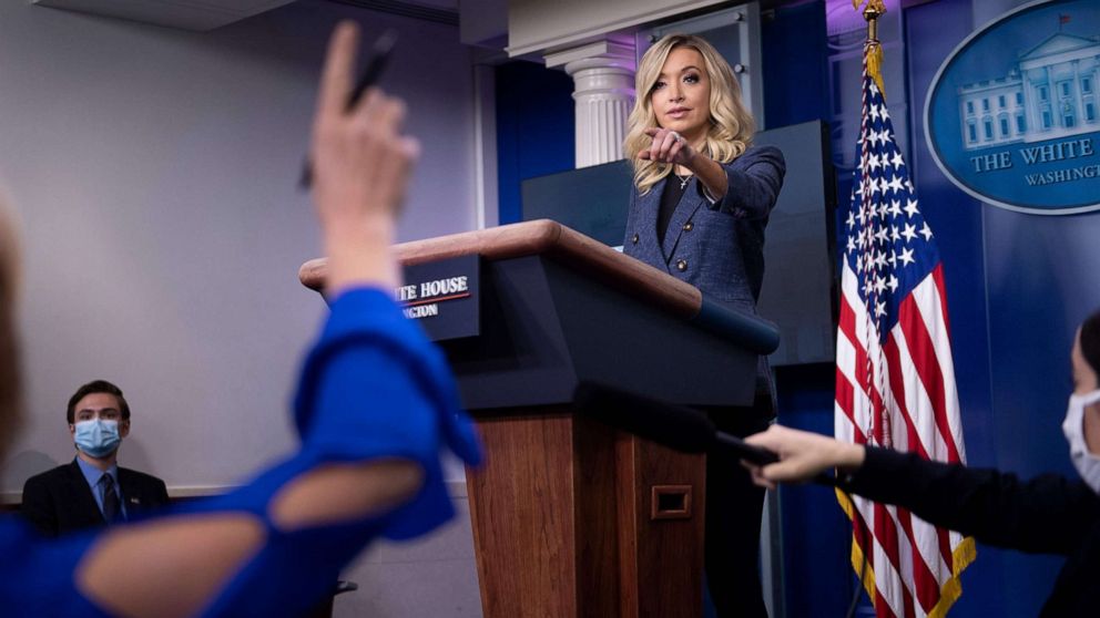 PHOTO: White House Press Secretary Kayleigh McEnany take questions during a briefing at the White House on May 12, 2020, in Washington.