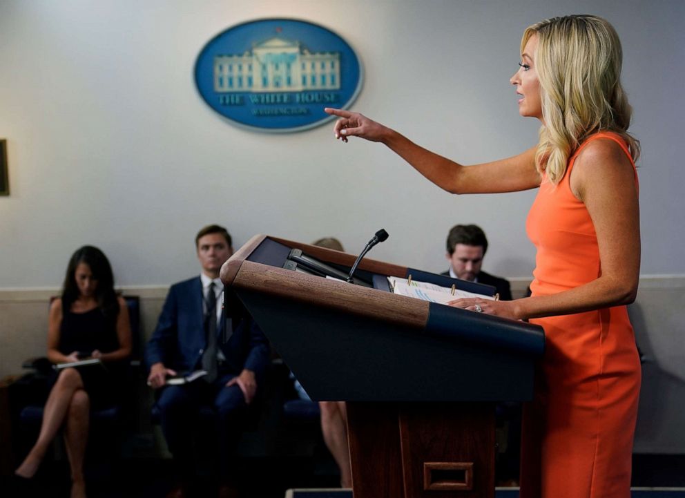 PHOTO: White House press secretary Kayleigh McEnany speaks during a press briefing at the White House, June 29, 2020, in Washington.