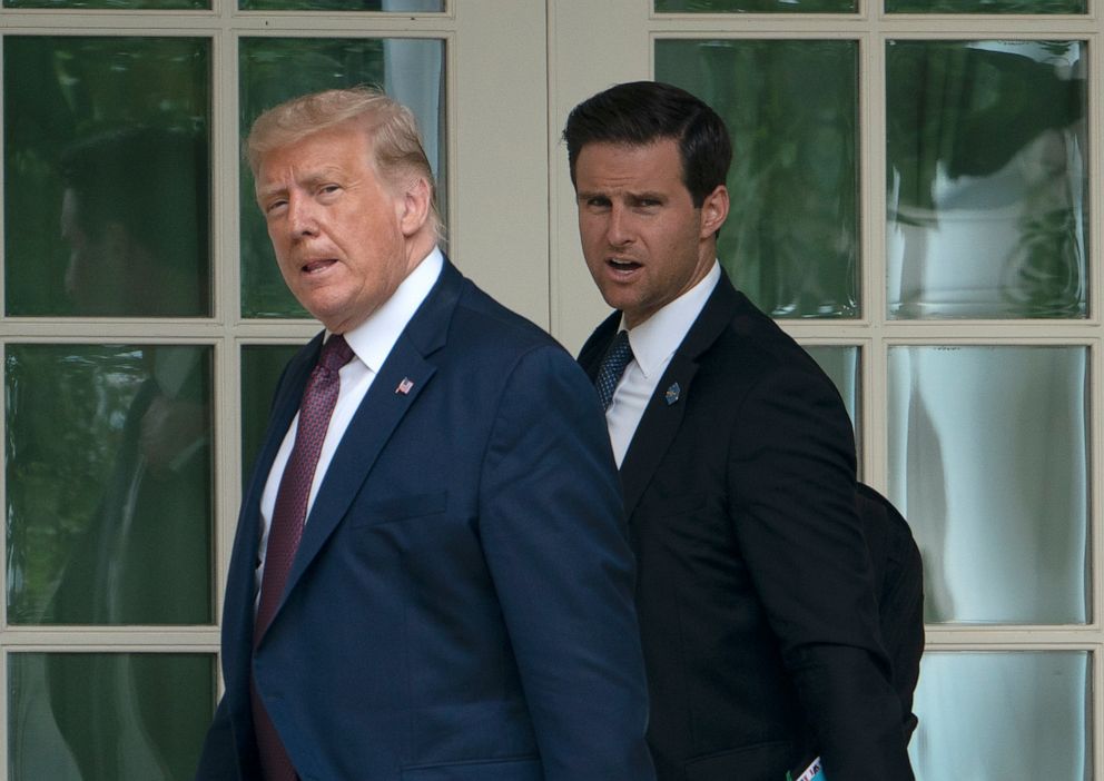 PHOTO: President Donald Trump, with Director of the White House Presidential Personnel Office John McEntee, walks to the Oval Office as he returns to the White House, Sept. 11, 2020. 