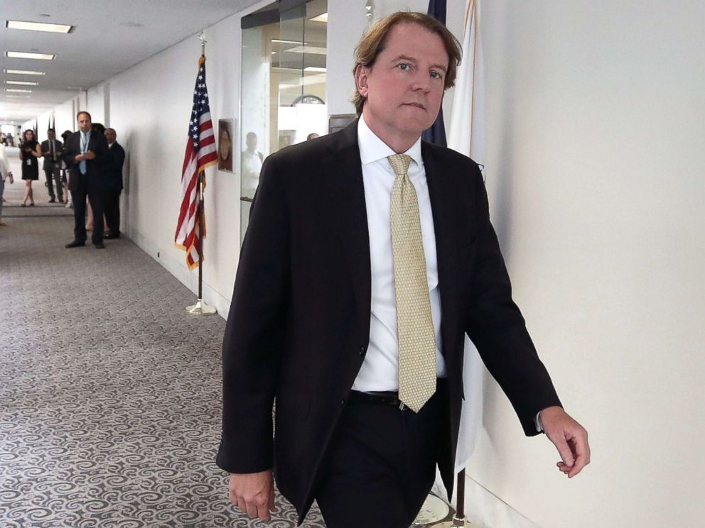 PHOTO: White House lawyer, Don McGahn, escorts Supreme Court Justice nominee Judge Brett Kavanaugh to a meeting with Sen. Joe Donnelly on Aug. 15, 2018, in Washington, D.C.