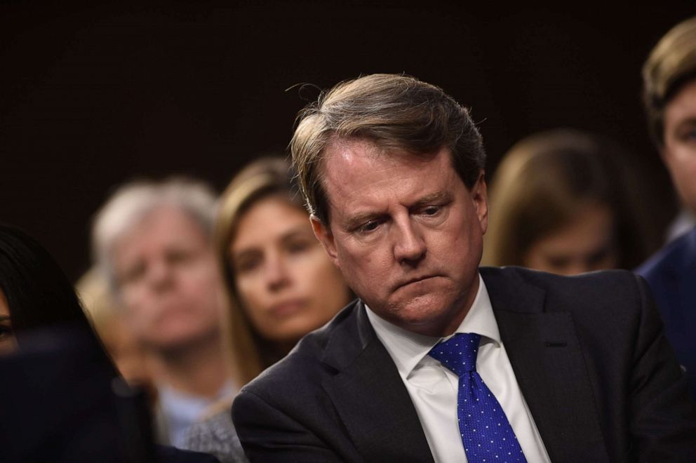 PHOTO: White House Counsel Don McGahn listens during a hearing of the Senate Judiciary Committee on the nomination of Brett Kavanaugh to the Supreme in Washington, D.C., Sept. 4, 2018.