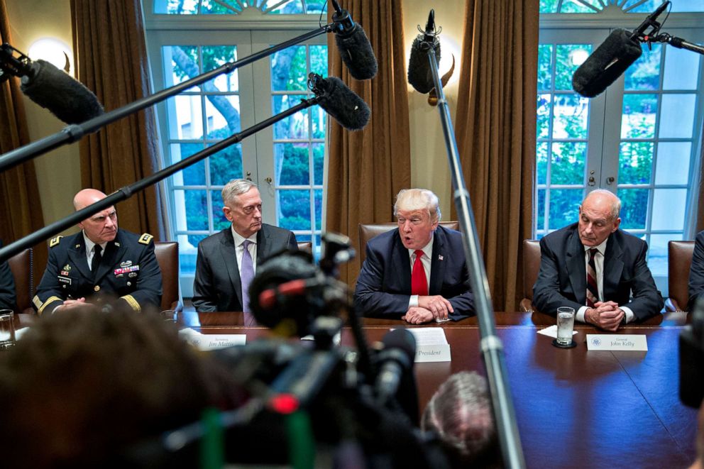PHOTO: President Donald Trump, national security advisor H.R. McMaster, White House chief of staff John Kelly and Defense Secretary Jim Mattis attend a briefing with senior military leaders in the Cabinet Room of the White House, Oct. 5, 2017.