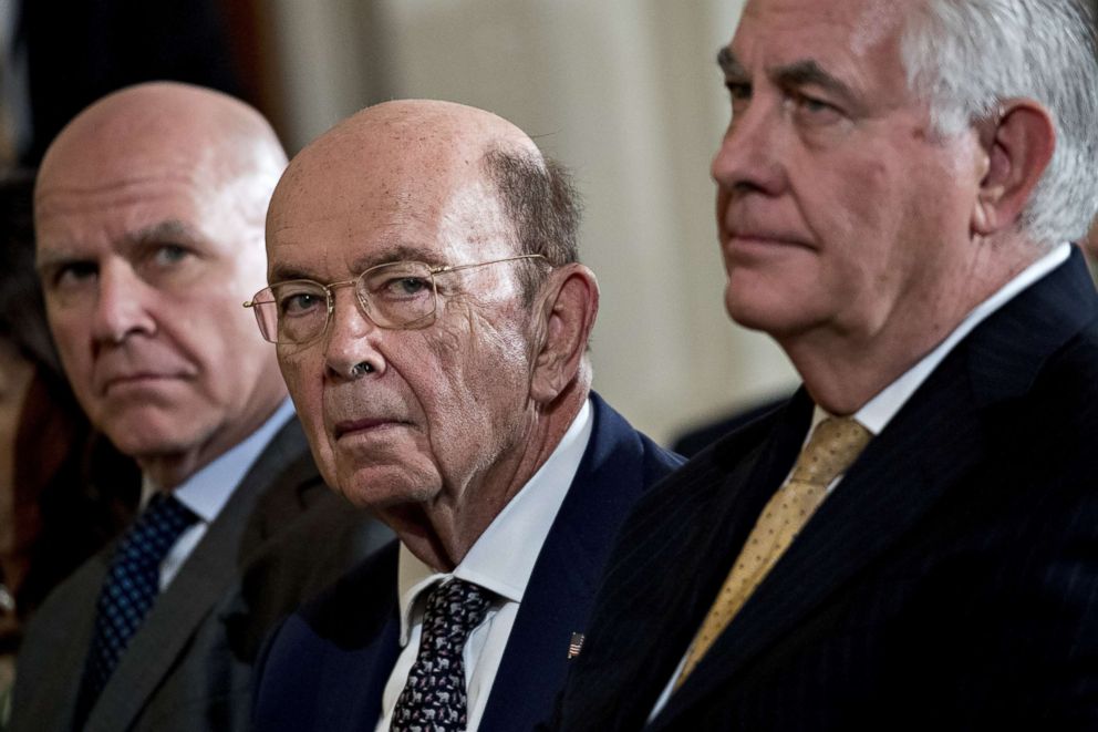 PHOTO: National Security Advisor H.R. McMaster, U.S. Commerce Secretary Wilbur Ross and U.S. Secretary of State Rex Tillerson listen during a news conference, March 6, 2018, in Washington, DC.