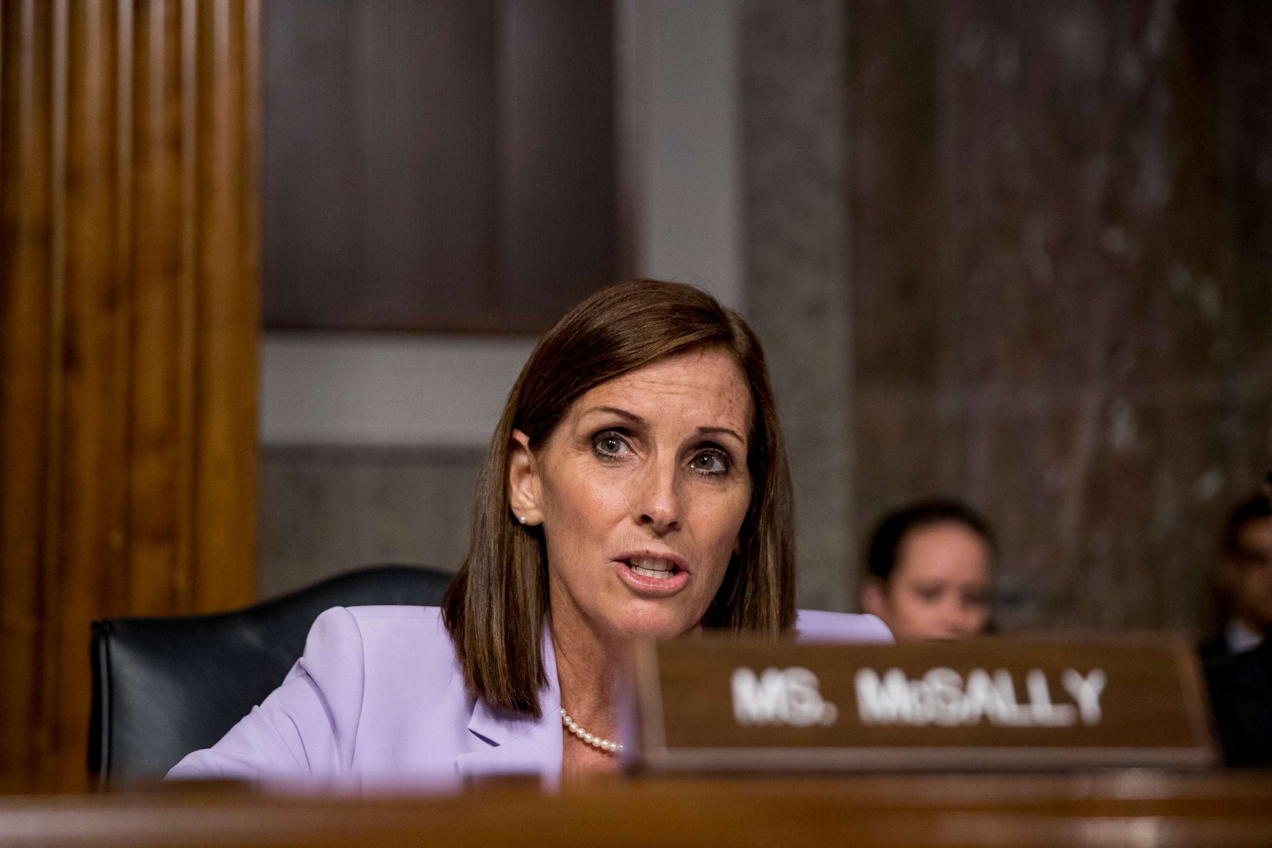 PHOTO: Sen. Martha McSally, R-Ariz., speaks during a Senate Armed Services Committee hearing on Capitol Hill in Washington, Tuesday, July 30, 2019, for the confirmation hearing of Gen. John Hyten to be Vice Chairman of the Joint Chiefs of Staff.
