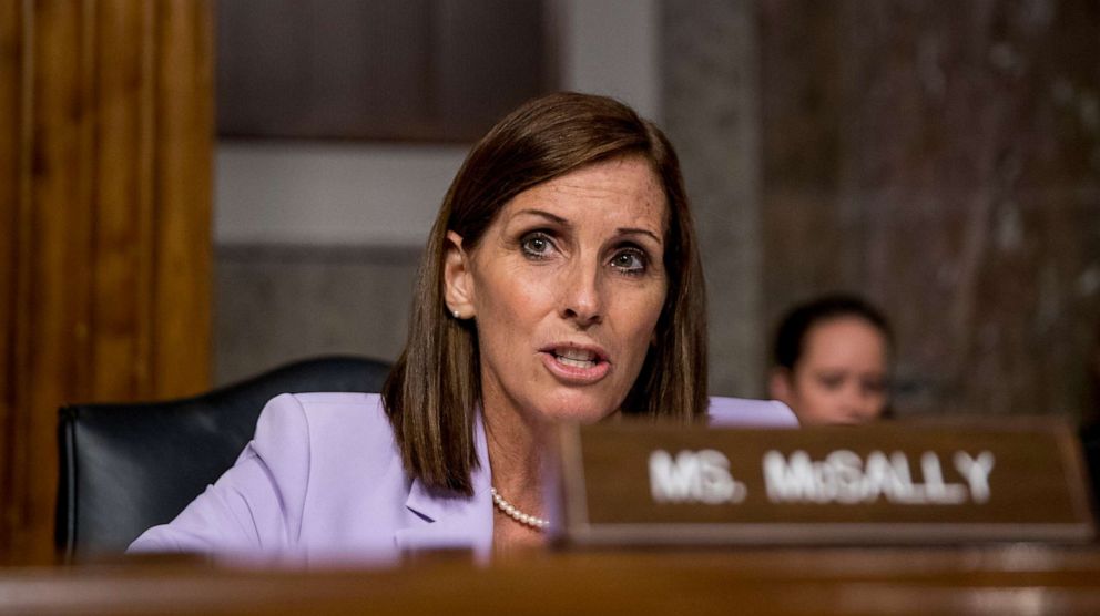 PHOTO: Sen. Martha McSally, R-Ariz., speaks during a Senate Armed Services Committee hearing on Capitol Hill in Washington, Tuesday, July 30, 2019, for the confirmation hearing of Gen. John Hyten to be Vice Chairman of the Joint Chiefs of Staff.