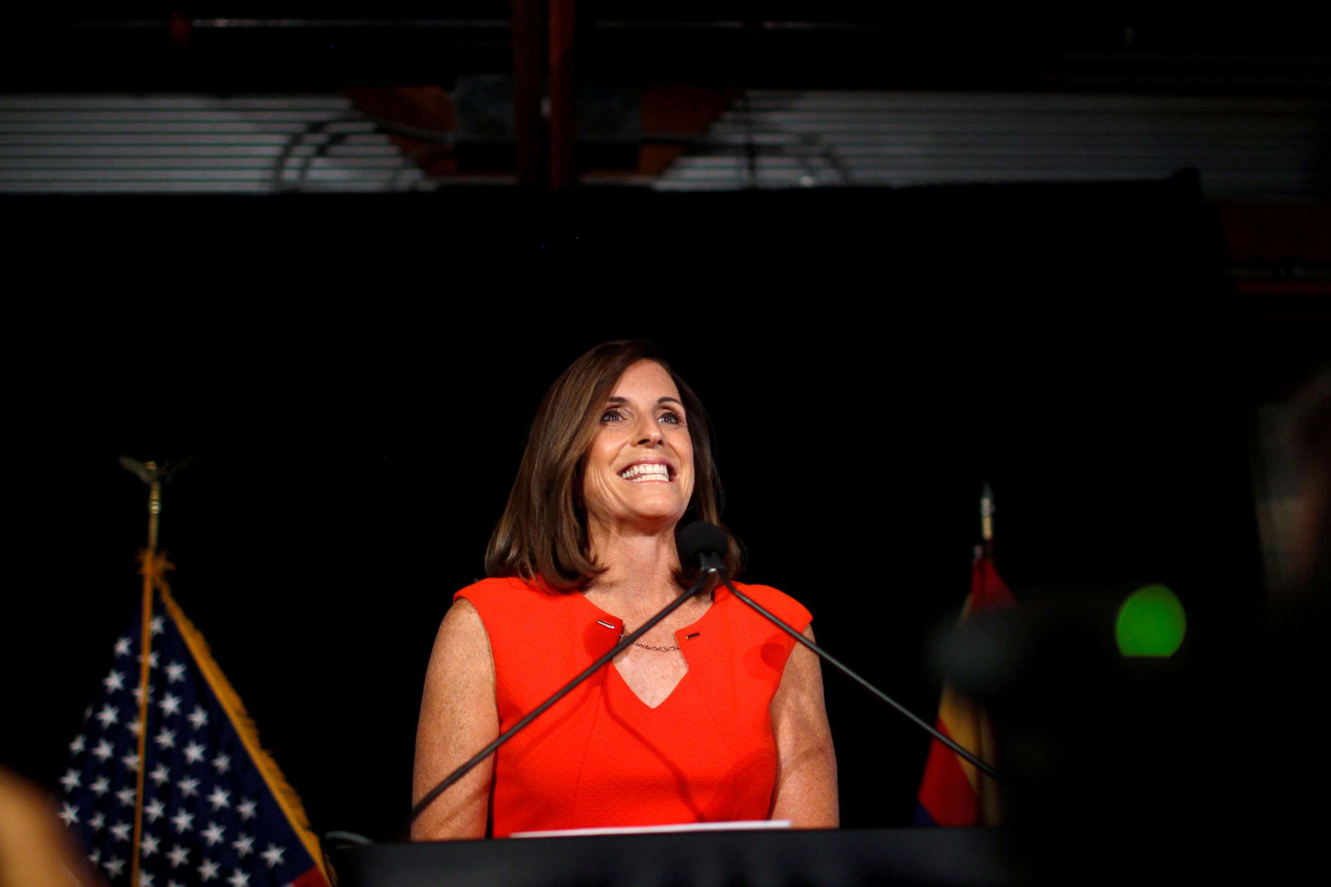 PHOTO: Martha McSally greets her supporters on election night after winning the Republican primary for the open Senate seat in Tempe, Ariz. Aug. 28, 2018.  