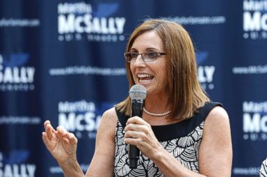 PHOTO: Rep. Martha McSally, R-Ariz., speaks during a news conference at a campaign event for her Senate primary race, Aug. 15, 2018, in Phoenix.