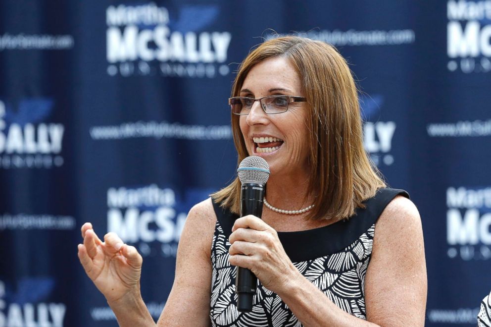 PHOTO: Rep. Martha McSally, R-Ariz., speaks during a news conference at a campaign event for her Senate primary race, Aug. 15, 2018, in Phoenix.