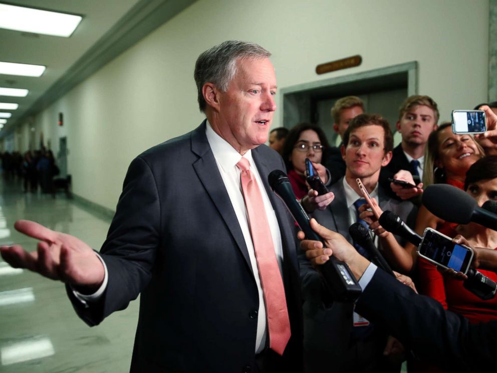 PHOTO: House Oversight Committee member Rep. Mark Meadows, speaks as he arrives for a deposition before the House Judiciary Committee by Peter Strzok, the FBI agent facing criticism following a series of anti-Trump text messages, June 27, 2018.