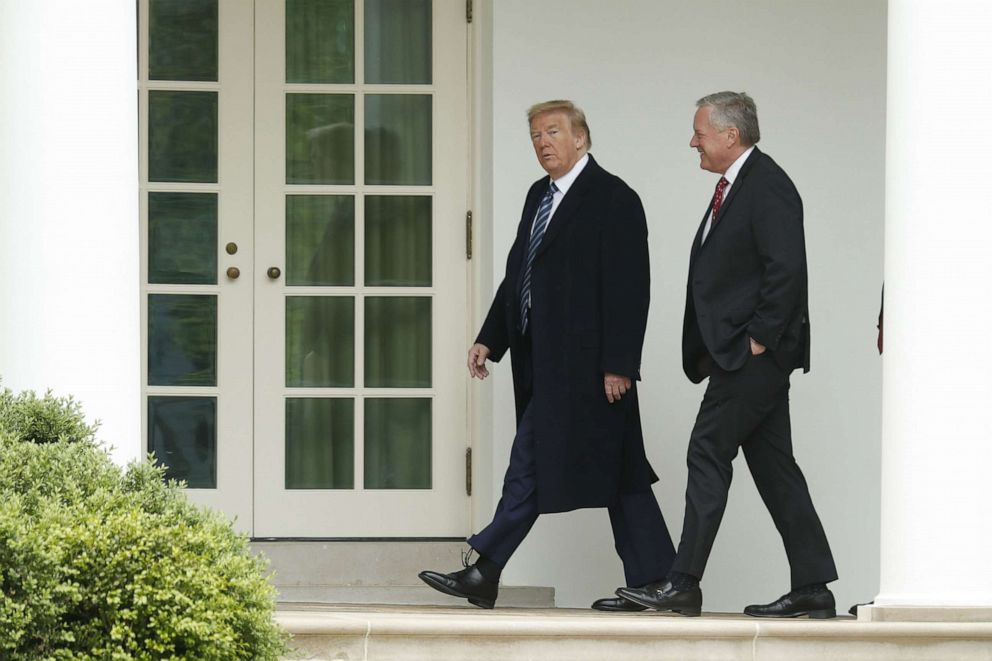PHOTO: President Donald Trump and Mark Meadows, White House chief of staff, right, walk to the Oval Office following wreath laying ceremony in Washington, D.C., May 8, 2020.
