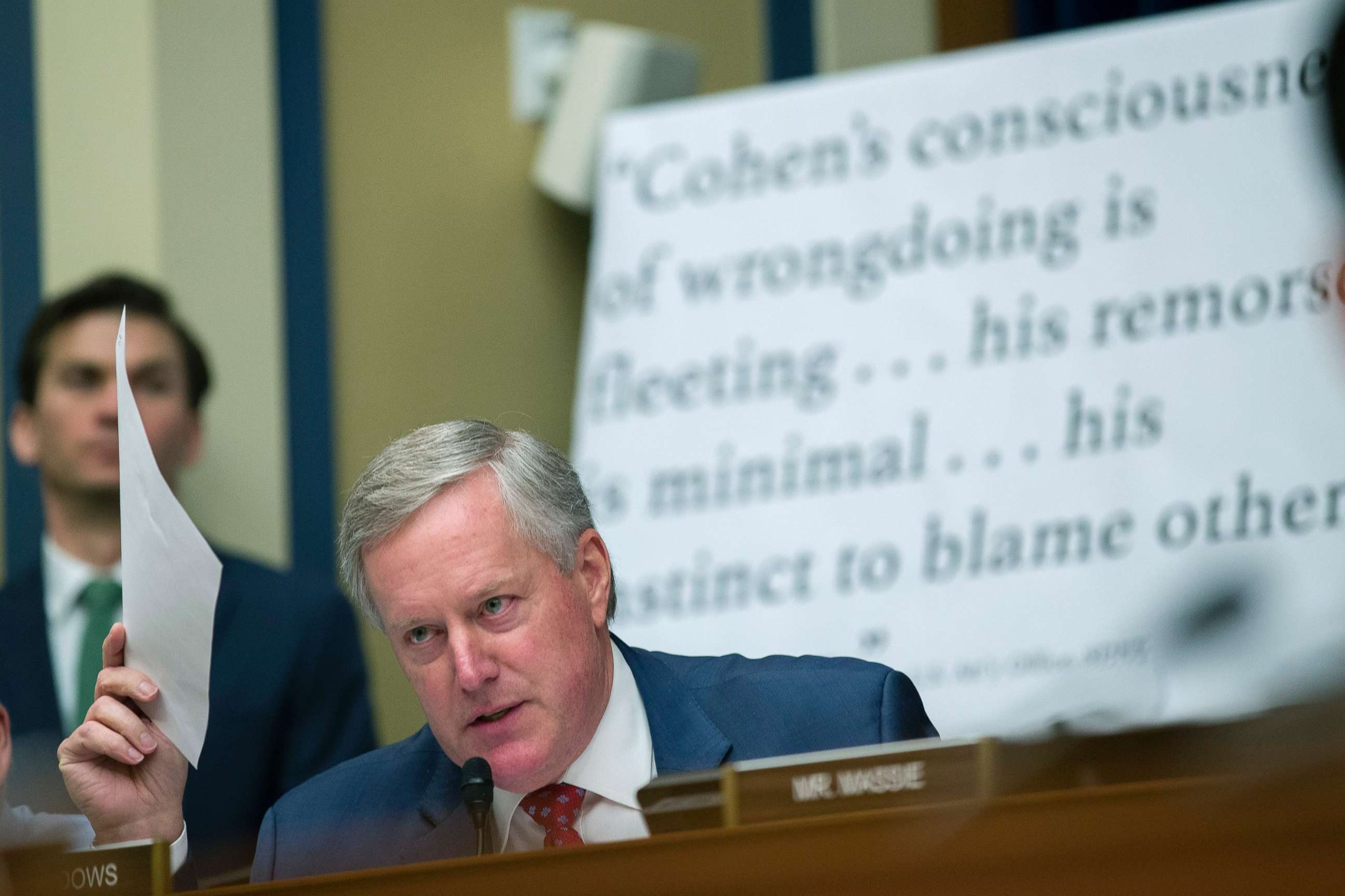 PHOTO: Rep. Mark Meadows questions Michael Cohen, President Donald Trump's former lawyer, as he testifies before the House Oversight and Reform Committee, on Capitol Hill, Feb. 27, 2019.