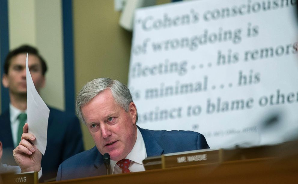 PHOTO: Representative Mark Meadows interviews Michael Cohen, a former Donald Trumps lawyer, during his testimony before the House Oversight and Reform Committee at Capitol Hill on February 27, 2019.