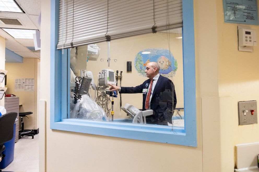 PHOTO: The Chairman of the Emergency department of the Maimonides Medical Center looks at equipment in the isolation room serving children from Ultra-Orthodox communities during a measles outbreak in New York, April 10th, 2019.