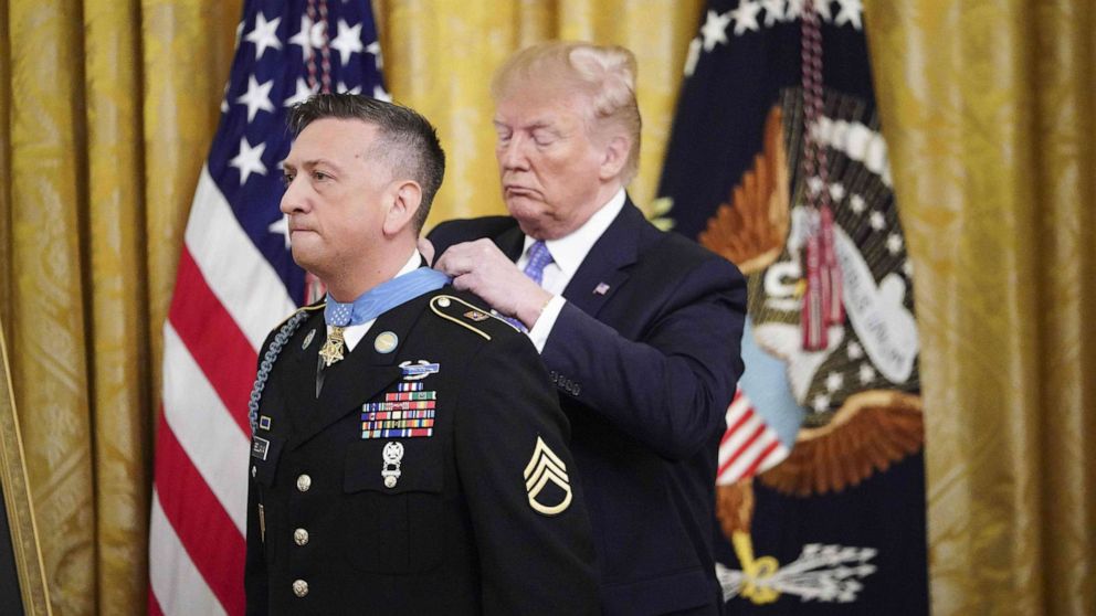 PHOTO: President Donald Trump presents the Medal of Honor to David Bellavia in the East Room of the White House in Washington on June 25, 2019.