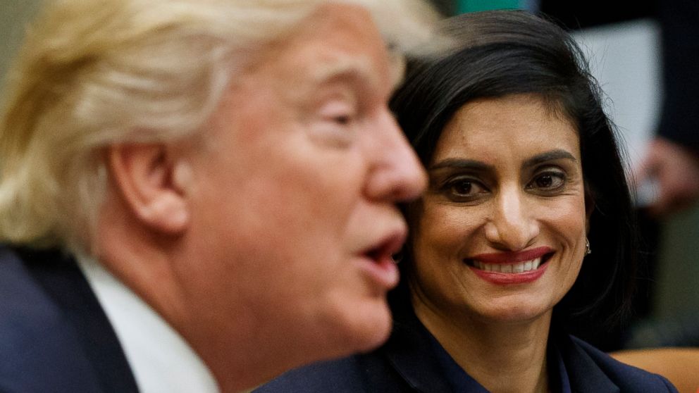 Administrator of the Centers for Medicare and Medicaid Services Seema Verma listens as President Donald Trump speaks during a meeting in the Roosevelt Room of the White House in Washington, March 22, 2017.
