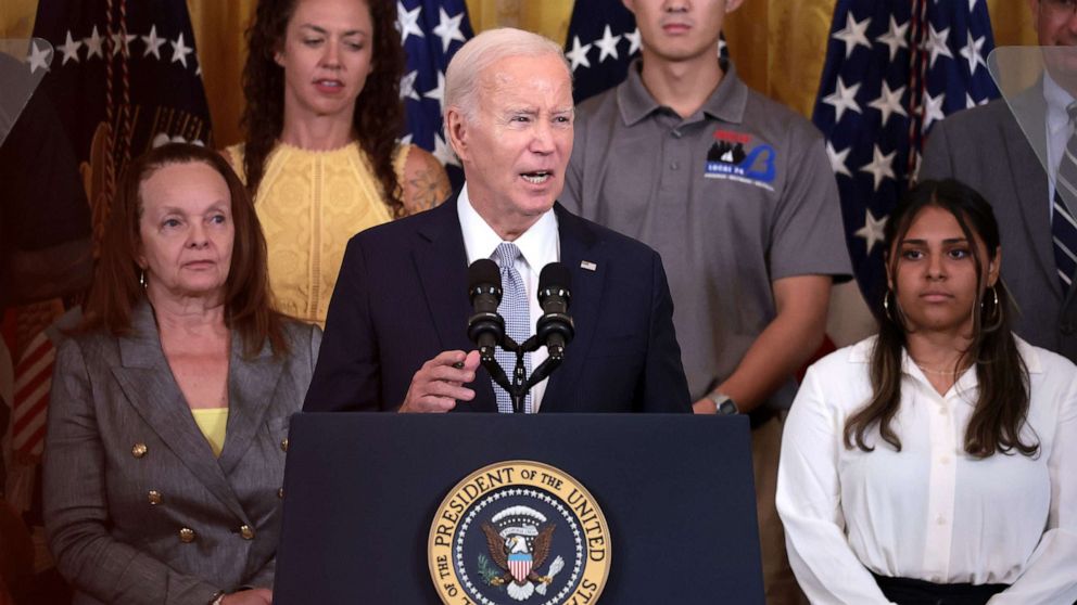 PHOTO: President Joe Biden delivers remarks on the first anniversary of the Inflation Reduction Act in the East Room at the White House, Aug. 16, 2023, in Washington.