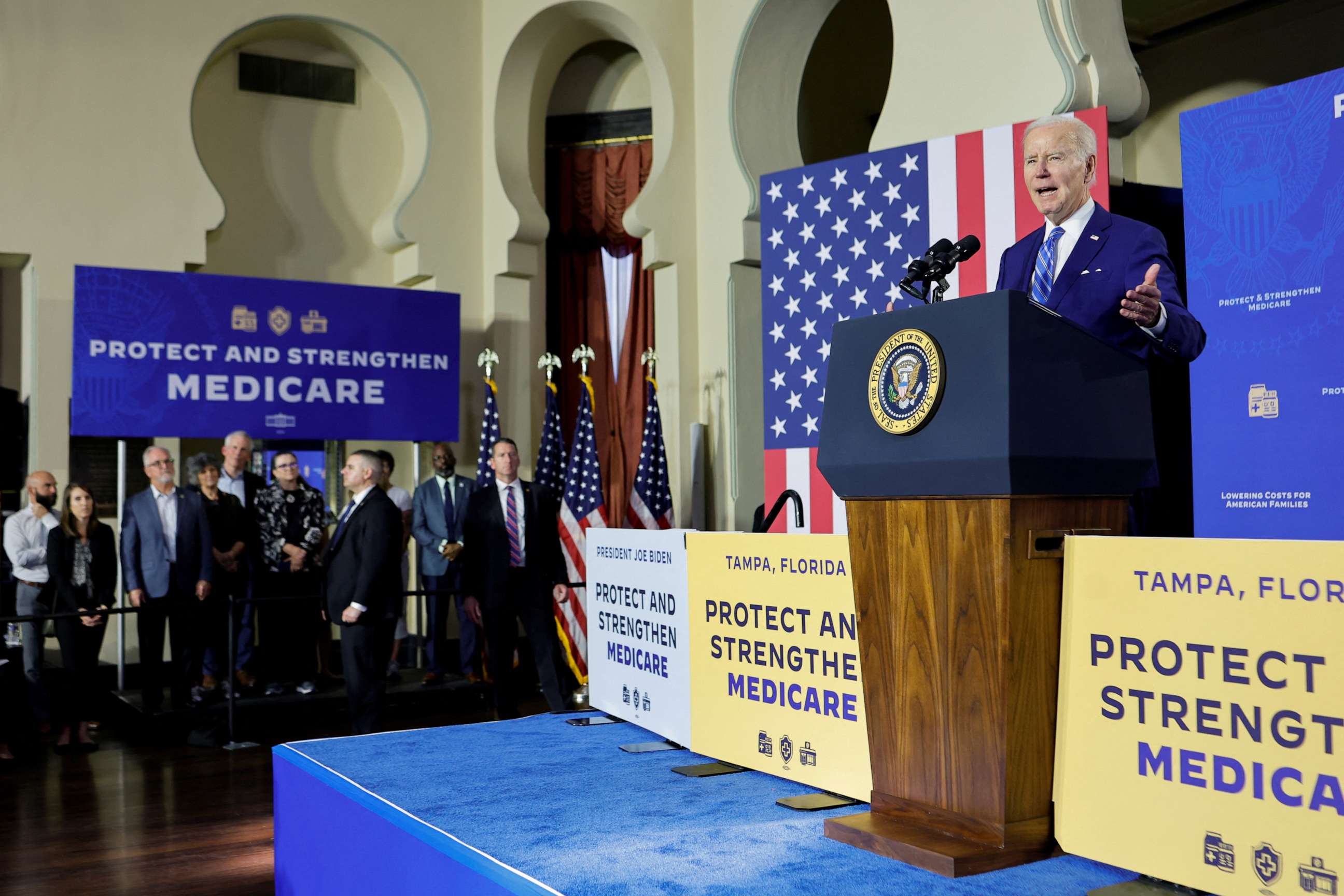 PHOTO: President Joe Biden delivers remarks on Social Security and Medicare at the University of Tampa in Tampa, Fla., on Feb. 9, 2023.