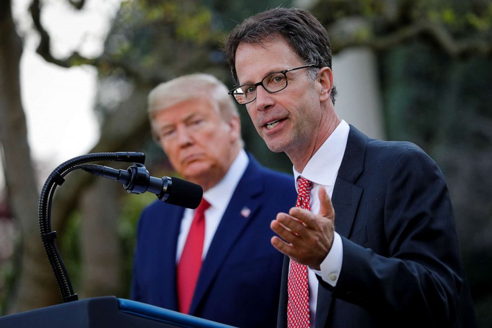 PHOTO: Charles Mills, CEO of Medline, speaks as President Donald Trump listens during a news conference in the Rose Garden of the White House in Washington, March 29, 2020.