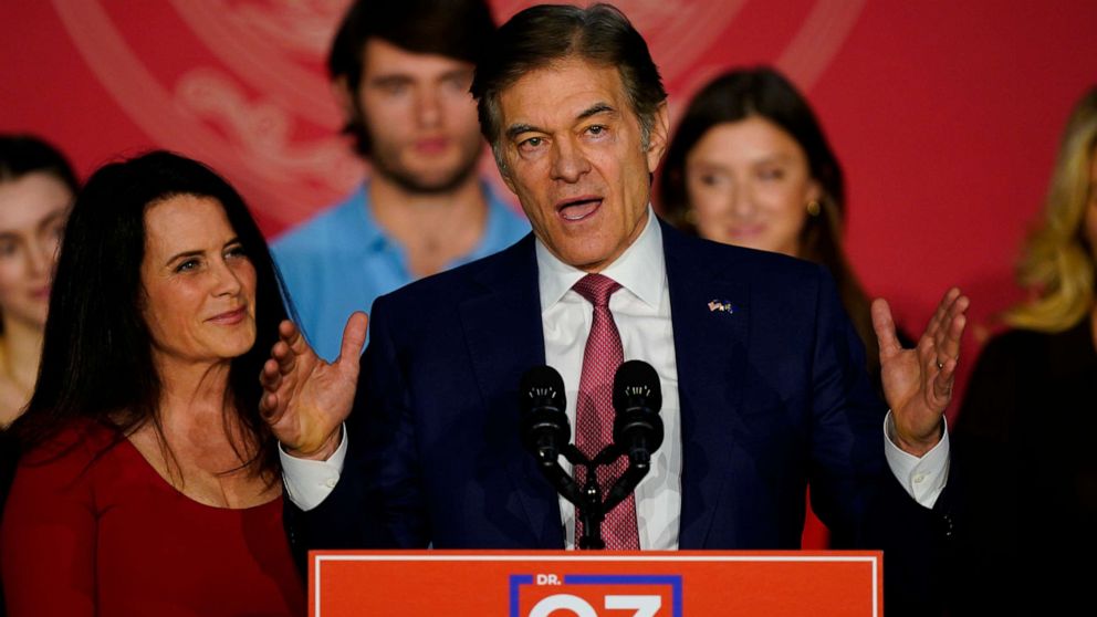 PHOTO: Mehmet Oz, Republican nominee for the U.S. Senate in Pennsylvania, speaks to supporters at an election night rally in Newtown, Pennsylvania on November 8, 2022.