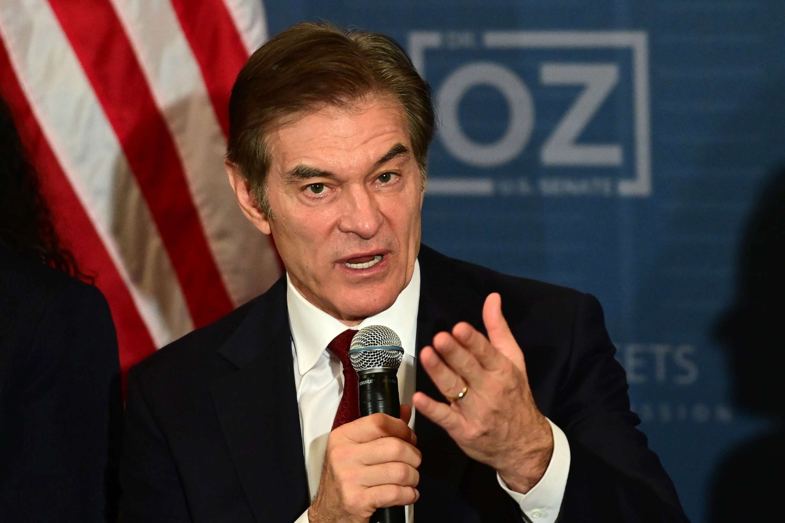 PHOTO: Republican U.S. Senate candidate Dr. Mehmet Oz hosts a safer streets community discussion at Galdos Catering and Entertainment, Oct. 13, 2022 in Philadelphia.