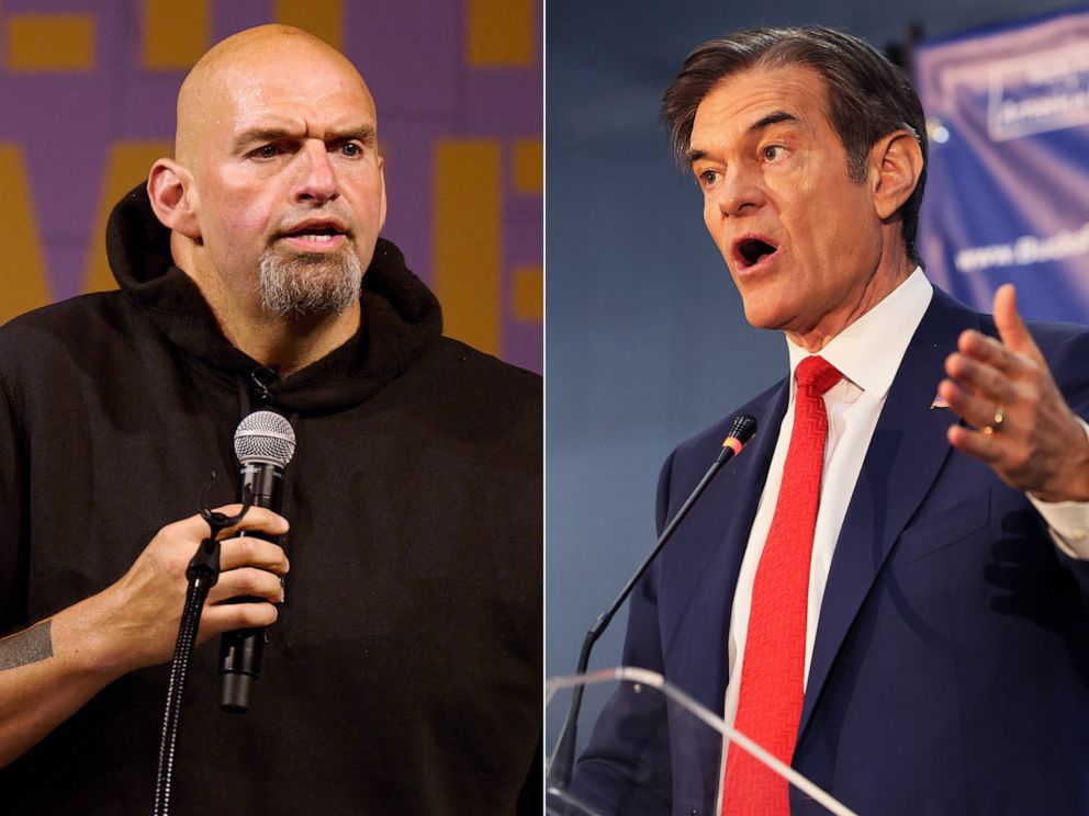 PHOTO: Senate candidate John Fetterman addresses supporters during a rally on Aug. 12, 2022, in Erie, Penn. | Senate candidate Dr. Mehmet Oz speaks during a Republican leadership forum at Newtown Athletic Club on May 11, 2022, in Newtown, Penn.