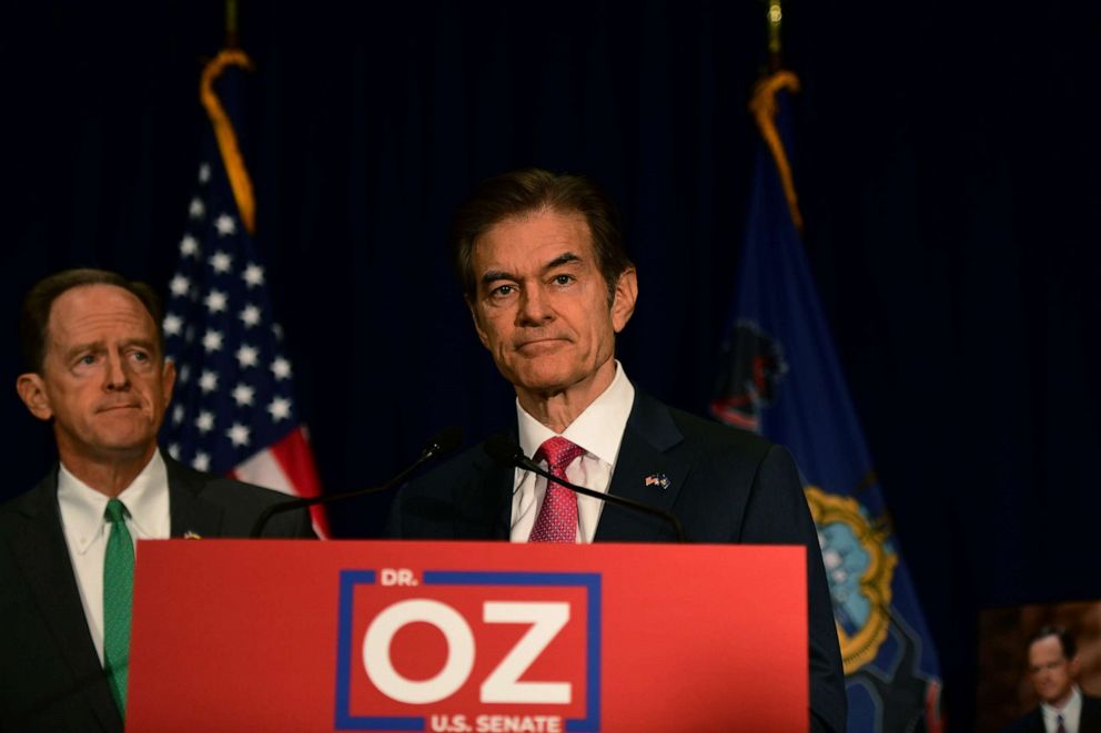 PHOTO: Senate candidate Dr. Mehmet Oz holds a press conference with Sen. Pat Toomey on Sept. 6, 2022, in Philadelphia.