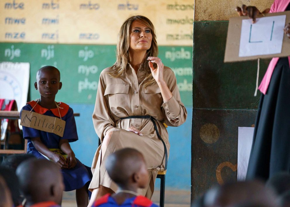 PHOTO: First lady Melania Trump sits at the front of a language class as she visits Chipala Primary School, in Lilongwe, Malawi, Oct. 4, 2018. 