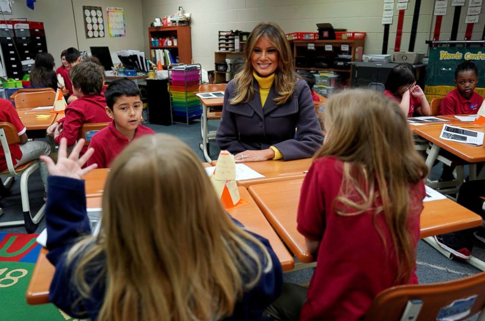 PHOTO: First lady Melania Trump visits the Dove School of Discovery during a two-day, three-state tour promoting her "Be Best" initiative in Tulsa, Okla., March 4, 2019.